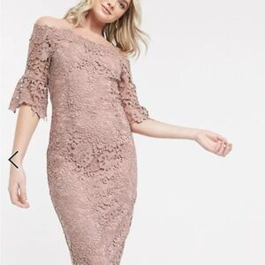 Off-Shoulder Floral Lace Midi Dress in Mauve